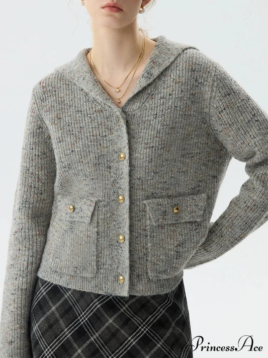 Navy Collar Sequin Flower Knit Cardigan Gray / Xs Cardigan-241208