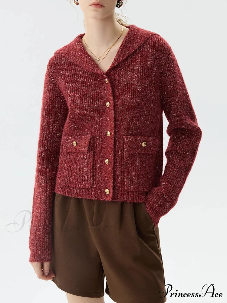 Navy Collar Sequin Flower Knit Cardigan Red / Xs Cardigan-241208