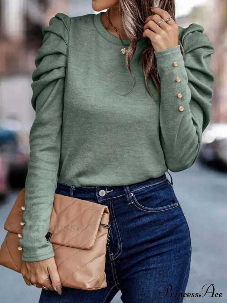 Neck Arm Puff Round Blouse