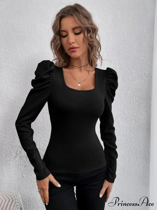 Square Neck Puff Long Sleeve Top Black clothes long sleeve top long sleeve tops Ship From Overseas top tops Y@Q@S