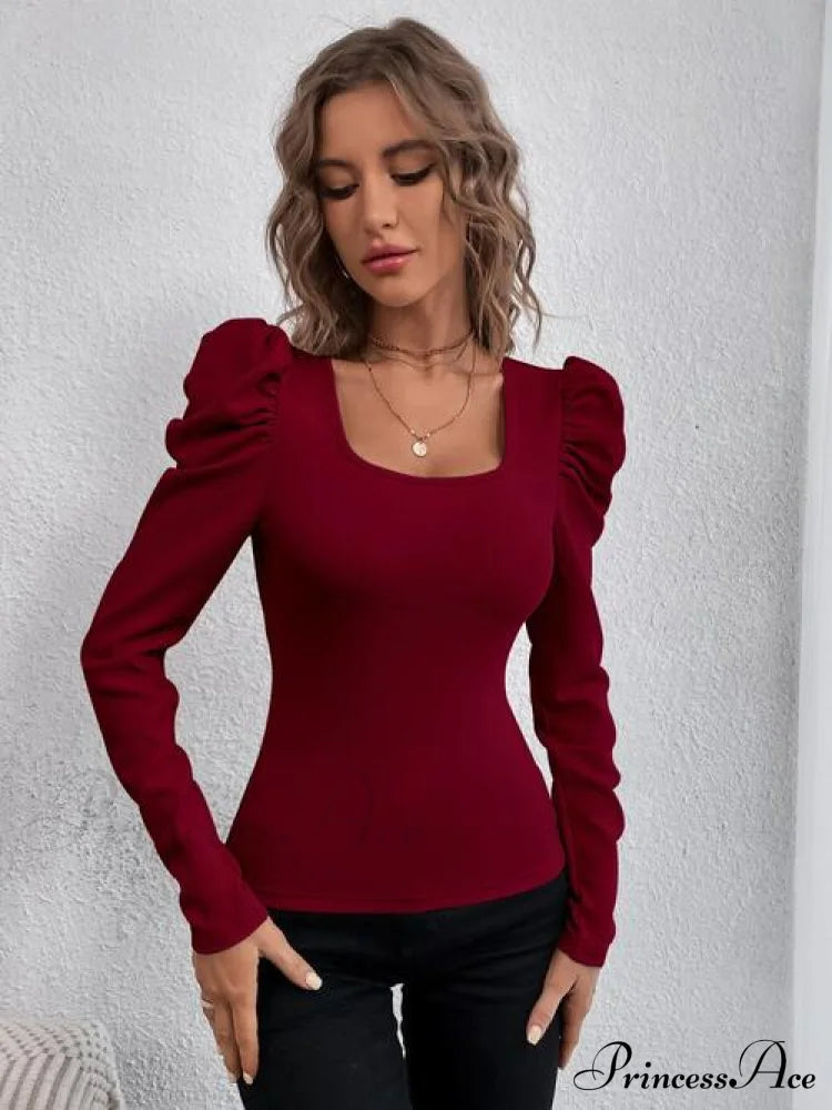 Square Neck Puff Long Sleeve Top Wine clothes long sleeve top long sleeve tops Ship From Overseas top tops Y@Q@S