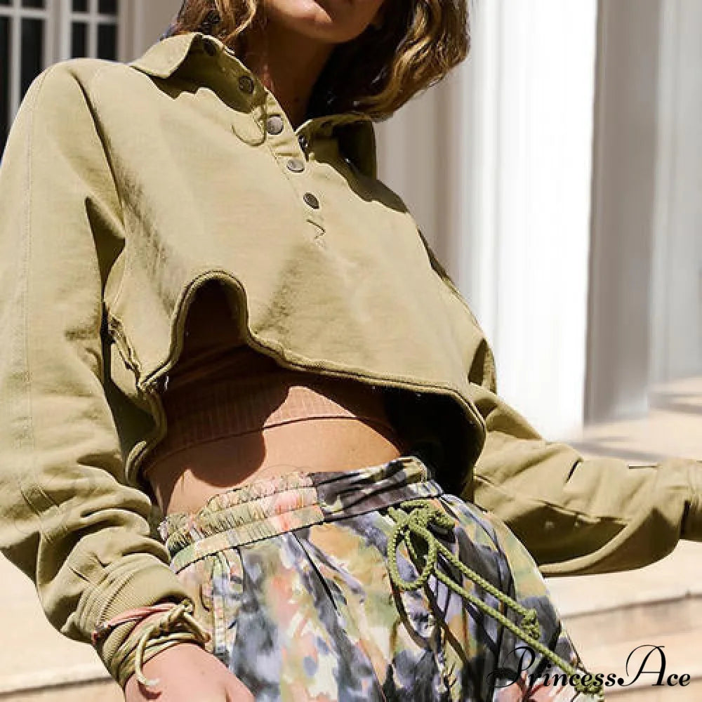 Half Snap Collared Neck Long Sleeve Sweatshirt Matcha Green clothes crop top crop tops cropped cropped sweater cropped top croptop D&C long sleeve shirts long sleeve top Ship From Overseas top tops