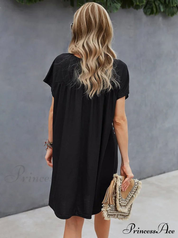 Neck Festive Knitted For Gown Short-Sleeved Round Casual Women Women’s Short Sleeve Mini Dress