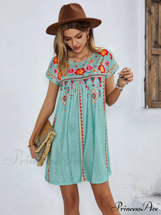 Neck Festive Knitted For Gown Short-Sleeved Round Casual Women Women’s Short Sleeve Mini Dress