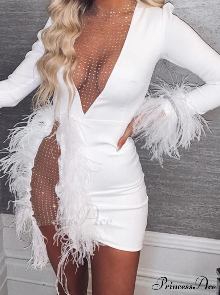 Neck Gown V With Patchwork White Sequin And Mesh Feather Deep Detail