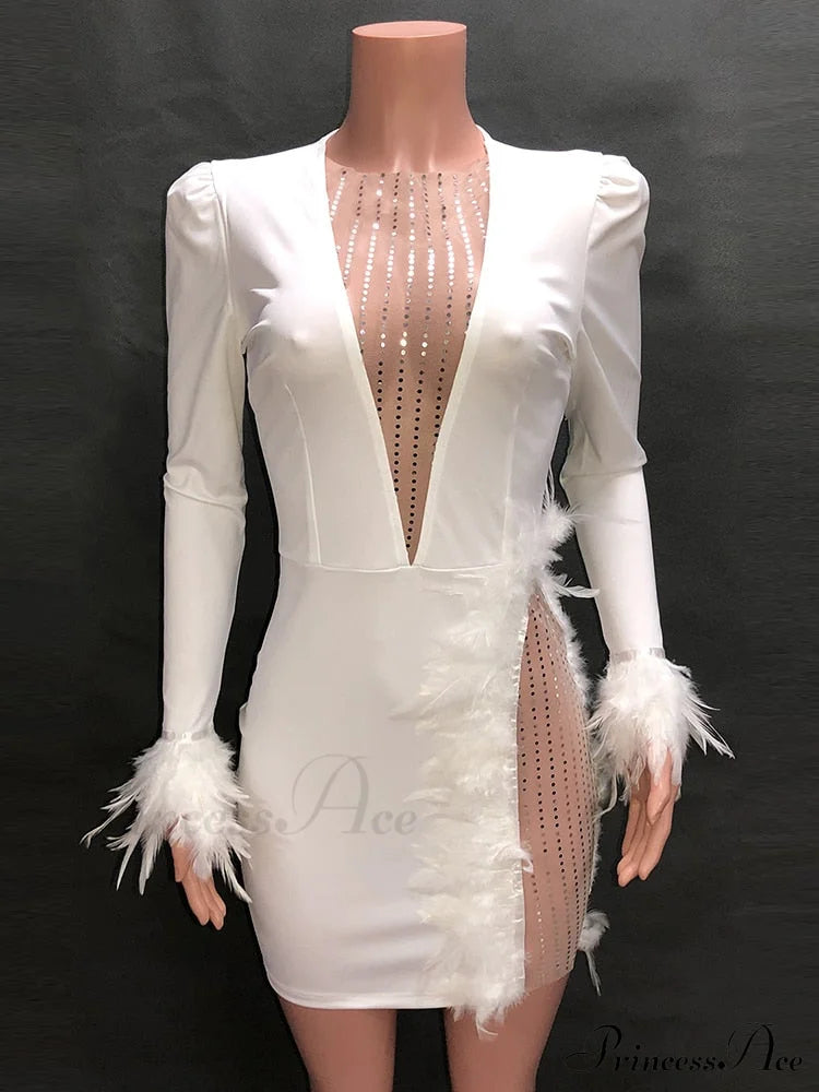 Neck Gown V With Patchwork White Sequin And Mesh Feather Deep Detail