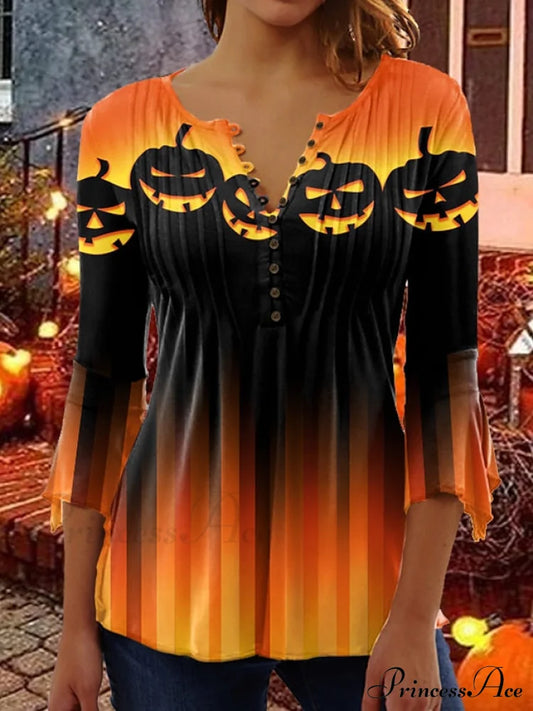 Neck Long Halloween Round Casual Orange Painting Blouse Button Pumpkin Flowered Design Arm Basic