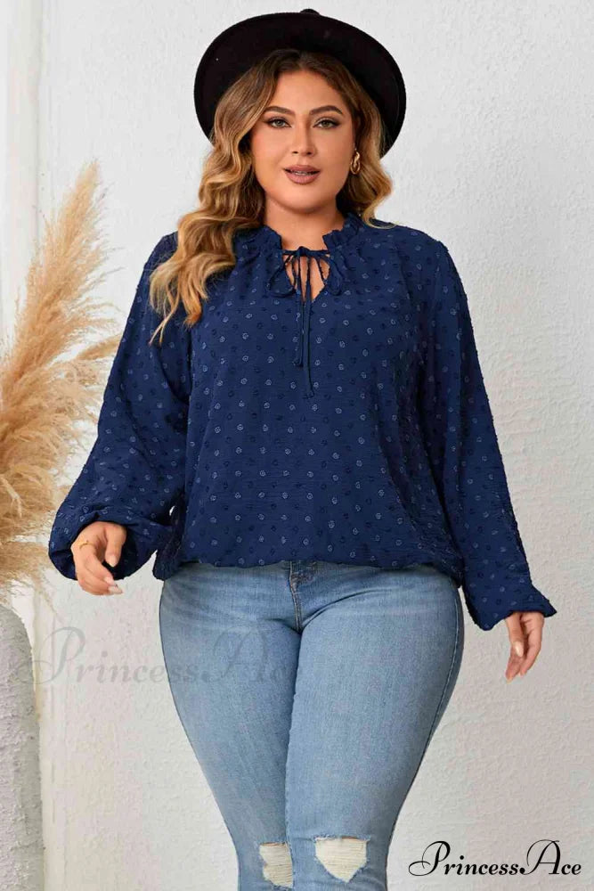 Plus Size Tie Neck Balloon Sleeve Blouse Navy clothes HS long sleeve shirts long sleeve top Ship From Overseas shirt shirts top tops