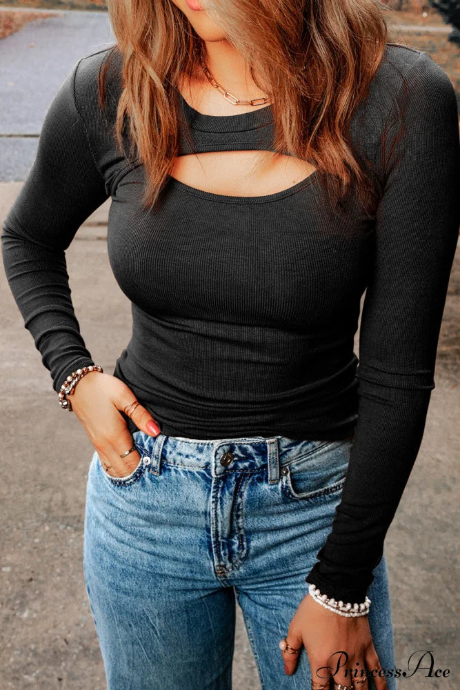 Cutout Round Neck Long Sleeve Top Black clothes long sleeve shirt Ship From Overseas shirt shirts SYNZ top trend