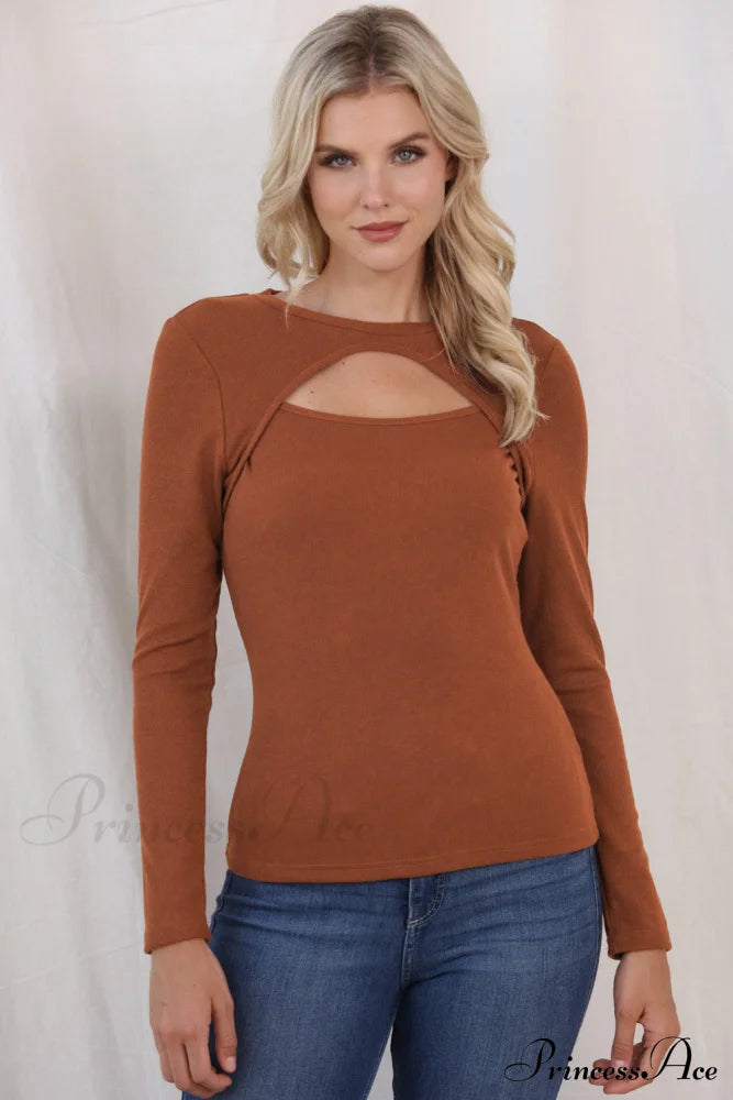 Cutout Round Neck Long Sleeve Top Ochre clothes long sleeve shirt Ship From Overseas shirt shirts SYNZ top trend