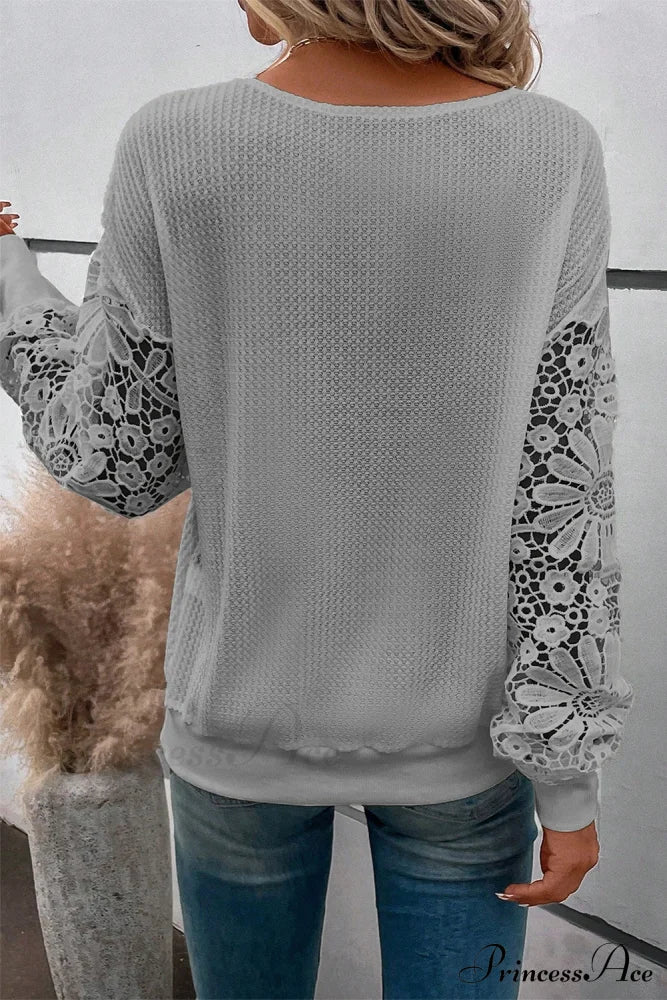 Neck V Puff Gray Lace Arm Top Tops