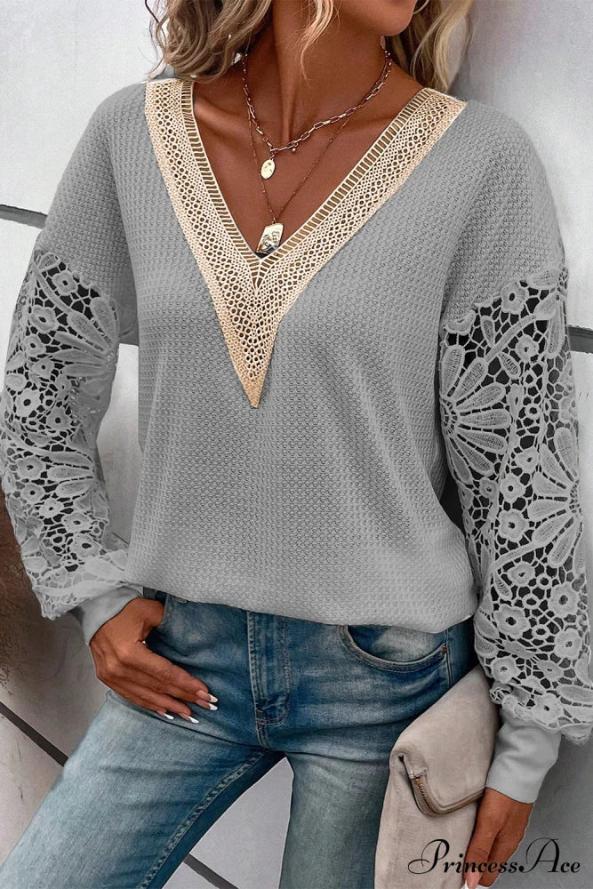 Neck V Puff Gray Lace Arm Top Tops