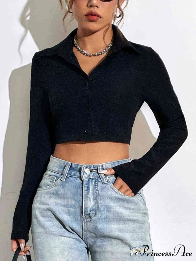 Button Up Collared Neck Long Sleeve Blouse Black clothes crop top crop tops cropped top croptop long sleeve shirts long sleeve top Ship From Overseas shirt shirts top tops Y@X@N@H