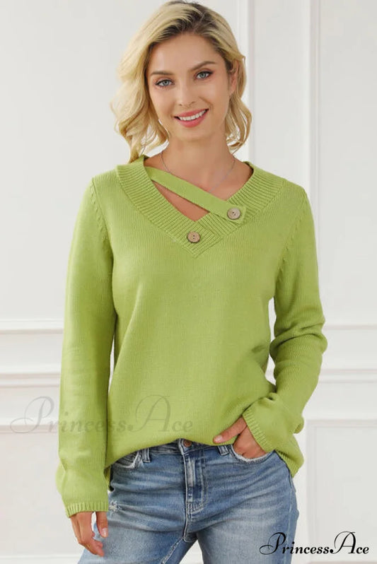 Asymmetrical Neck buttoned Long Sleeve Sweater Lime clothes long sleeve top long sleeve tops Ship From Overseas Sweater sweaters SYNZ top tops