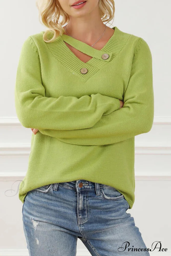 Neck With Sweater Asymmetrical Arm Long Buttons Sweaters-L