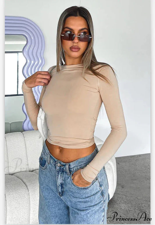 Women's Top, round neck slim long sleeve solid color long sleeve t-shirt Khaki clothes long sleeve top shirt shirts top tops