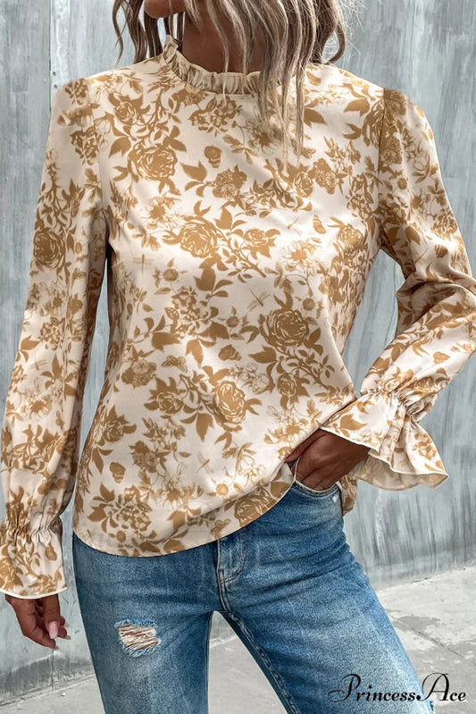 White Floral Print Frilled Neckline Flounce Sleeve Blouse White 100%Polyester clothes long sleeve shirt long sleeve shirts long sleeve top long sleeve tops shirt shirts top tops Tops/Blouses