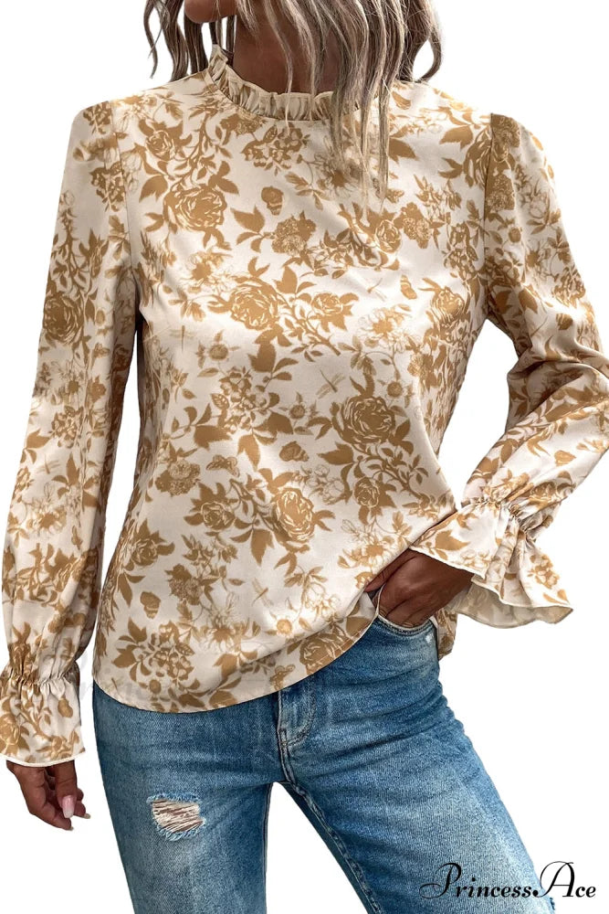 Neckline Frilled Blouse And Design Flounce With Flowered White Sleeves Tops