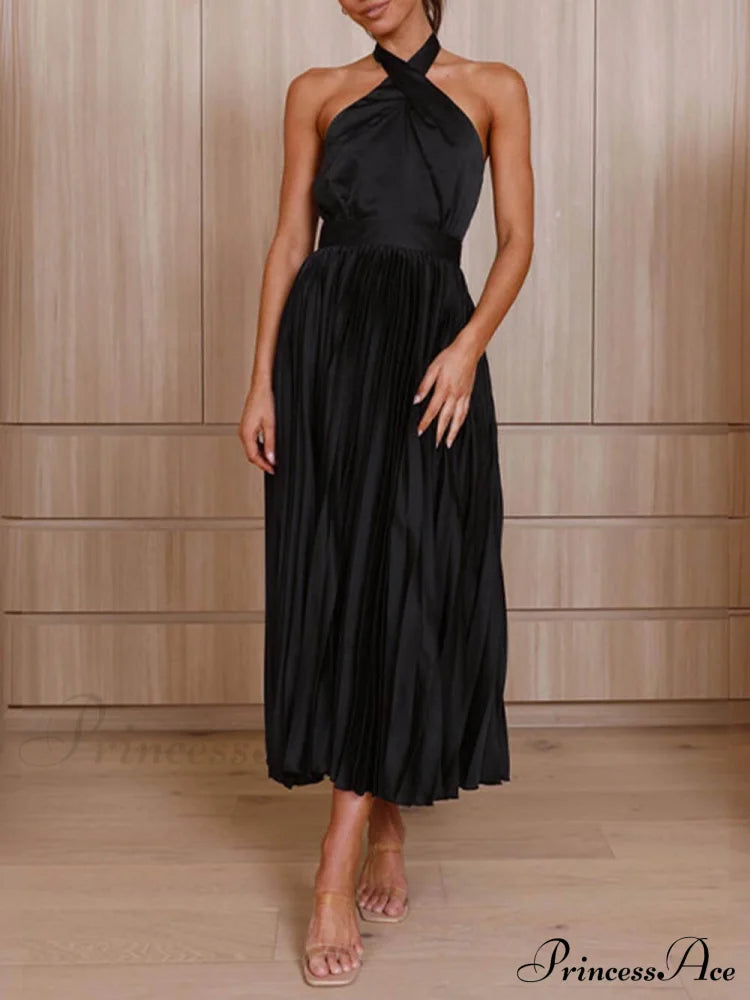 Neckline Pleated Vacation Charming Party Midi Dresses Black / S