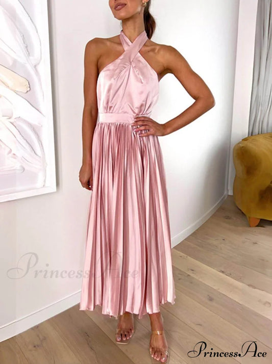 Neckline Pleated Vacation Charming Party Midi Dresses Pink / S