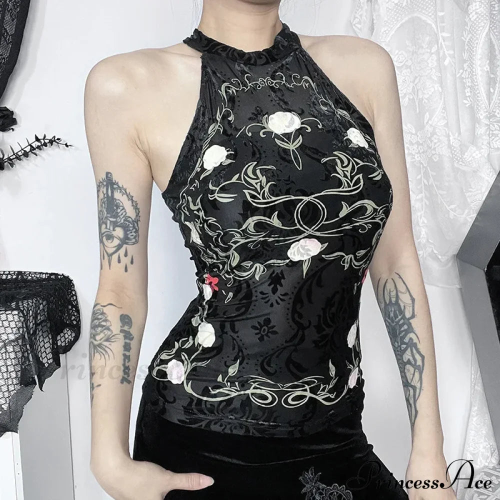 Neo-Chinese Style Vintage Plant Print Flocking Backless Crop Top Black / Xs Halloween