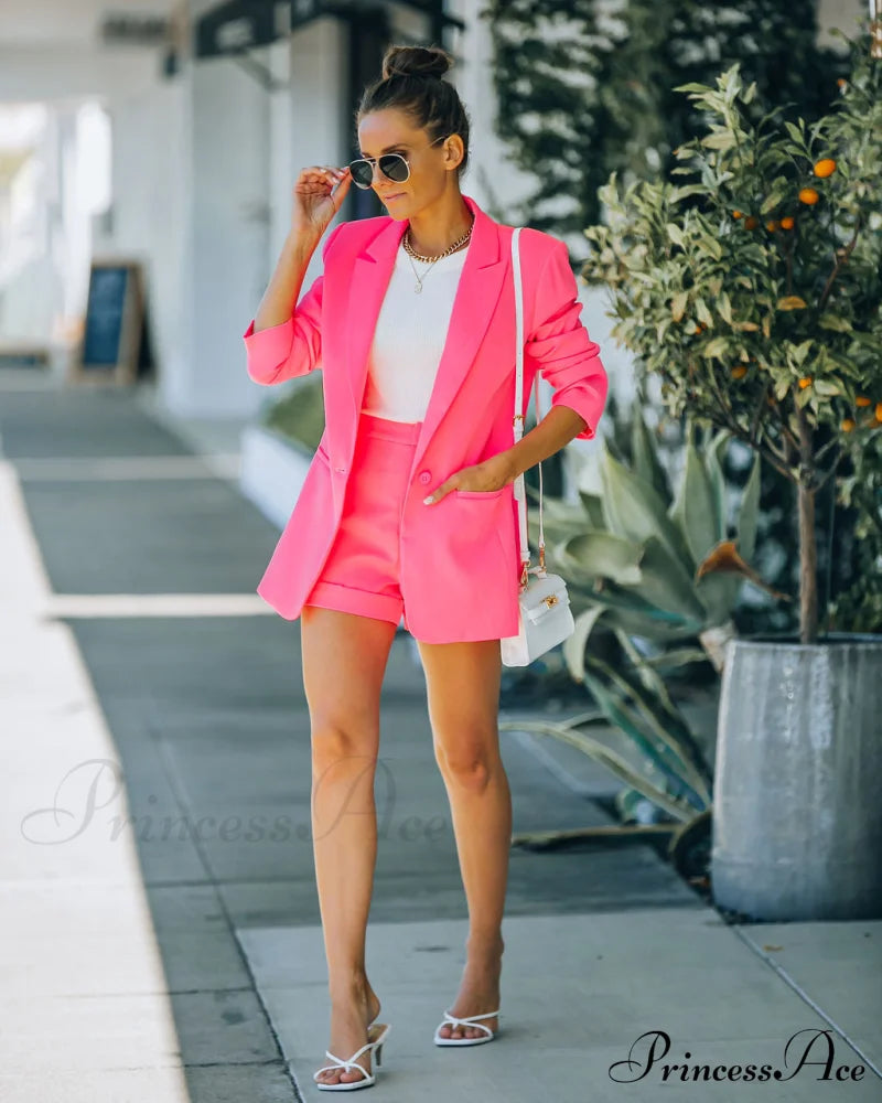 Neon Pink Standards Pocketed Blazer Coats-L