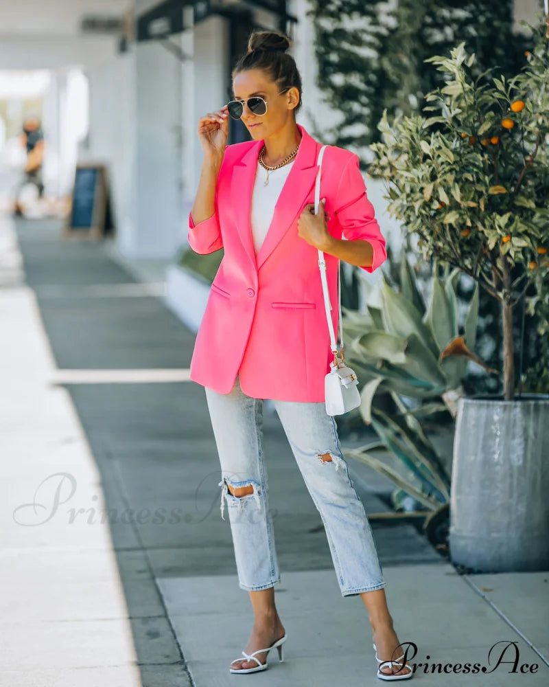 Neon Pink Standards Pocketed Blazer Coats-L