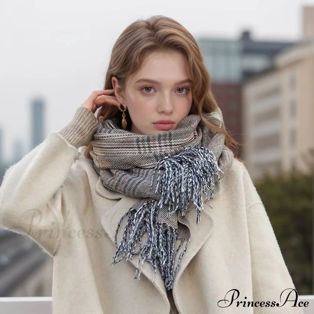 New Autumn Winter Thin Retro Tassel Plaid High-End Classic Elegant Scarf