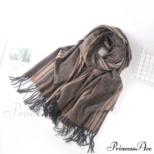 New Autumn Winter Thin Retro Tassel Plaid High-End Classic Elegant Scarf Brown