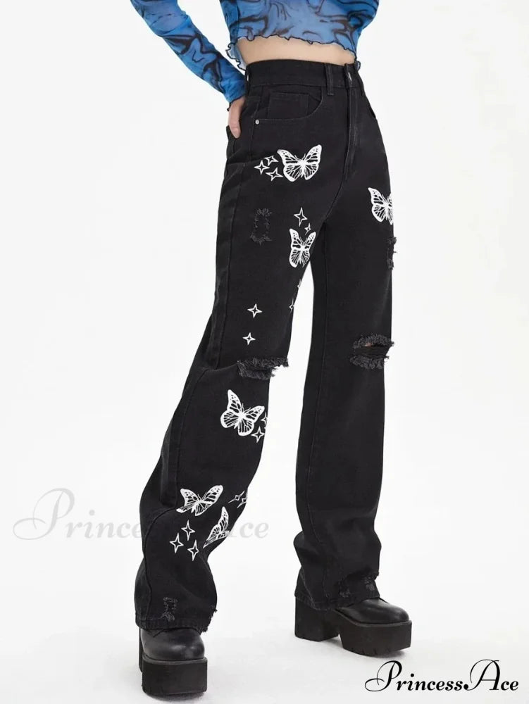 New Butterfly Print Ripped High Waist Loose Straight Cotton Streetwear Jean