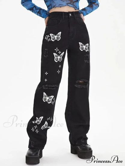 New Butterfly Print Ripped High Waist Loose Straight Cotton Streetwear Jean Black / S