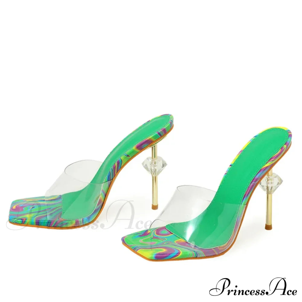 New Chic Strange High Heeled Color Square Toe Pvc Transparent Sliders Heel