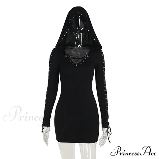 New Dark Retro Punk Street Hooded High Waist Sexy Mini Gothic Vintage Pentagram Strap Long Sleeve