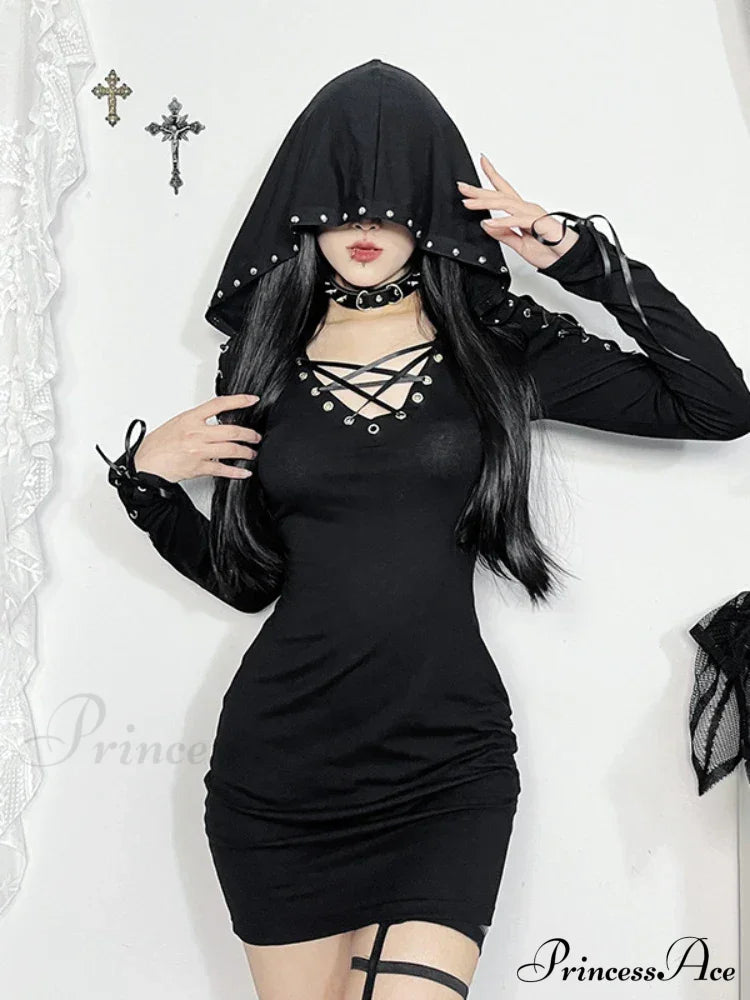 New Dark Retro Punk Street Hooded High Waist Sexy Mini Gothic Vintage Pentagram Strap Long Sleeve