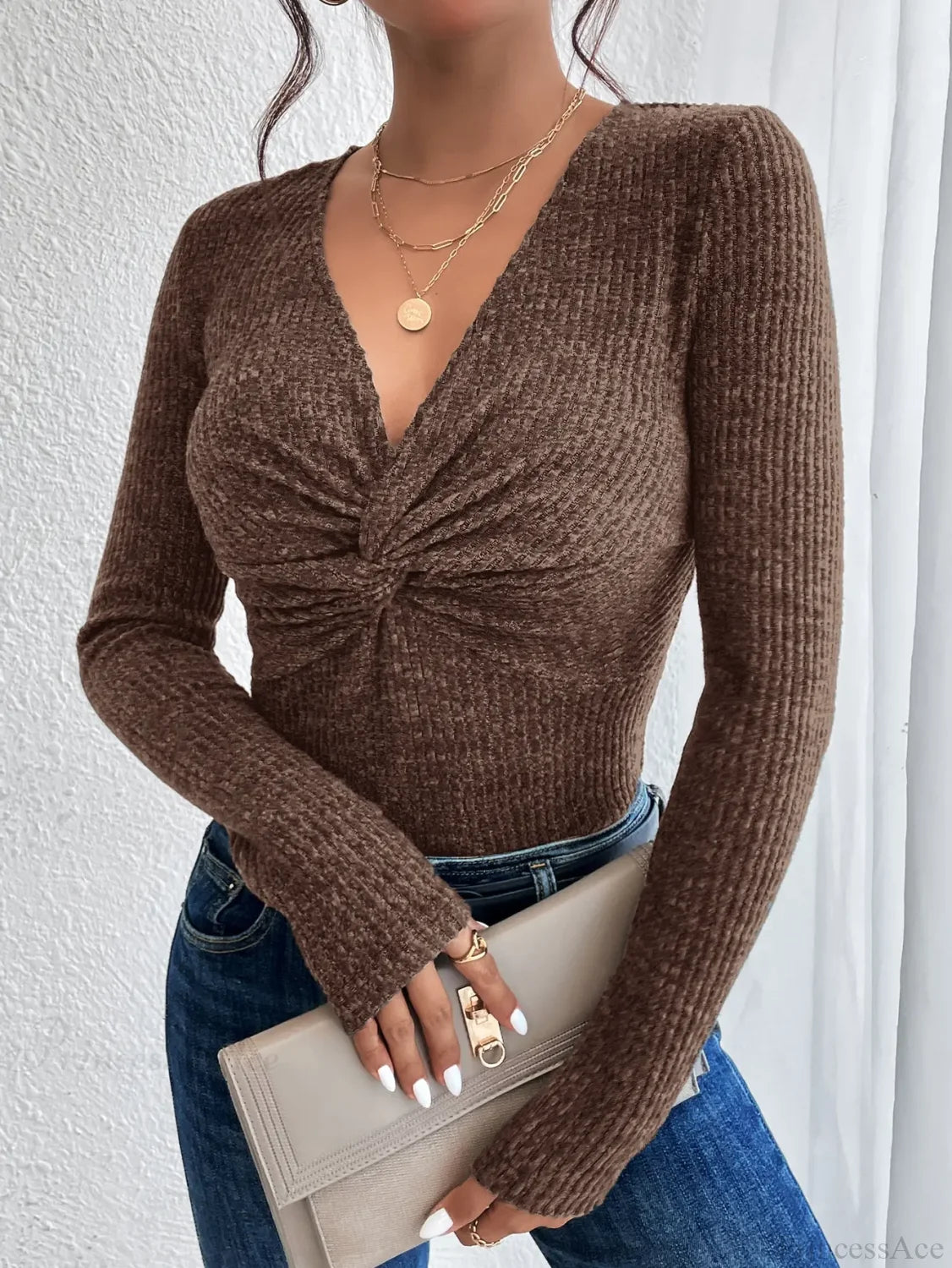 New Design Kink Deep V-Neck Solid Color Slim Sweater Top Women knittop-250126