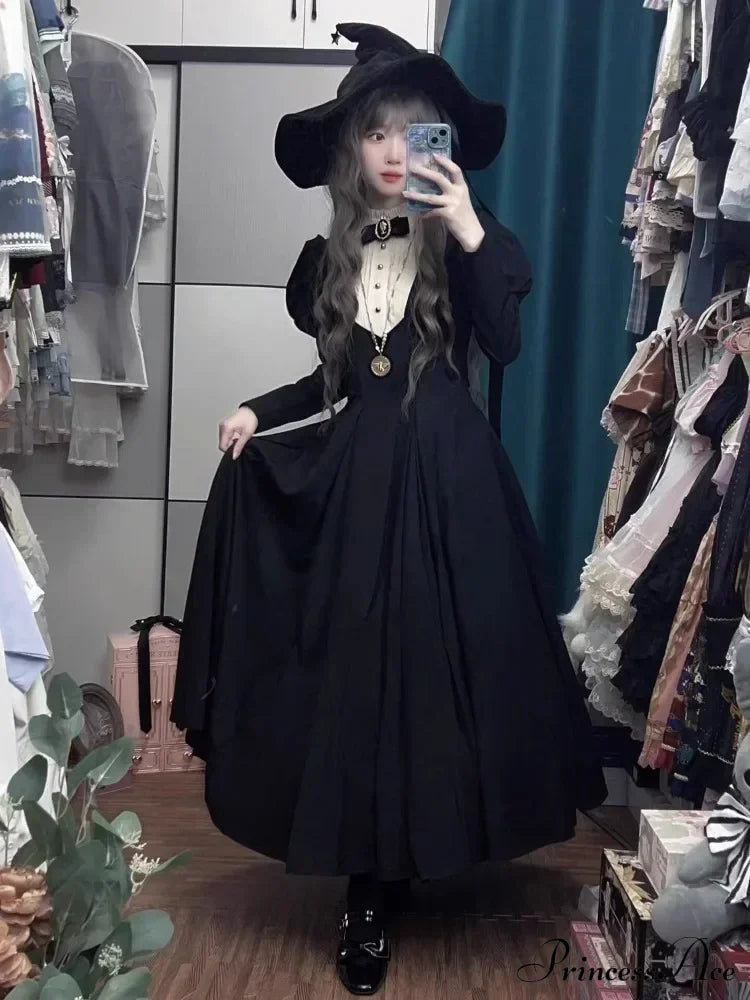 New Gothic Punk Dark Lolita Harajuku Vintage Black Long Bubble Sleeve Waist Cinched Autumn Winter