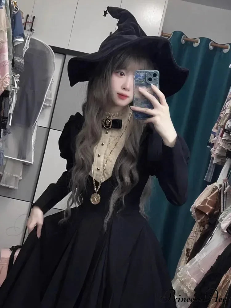 New Gothic Punk Dark Lolita Harajuku Vintage Black Long Bubble Sleeve Waist Cinched Autumn Winter