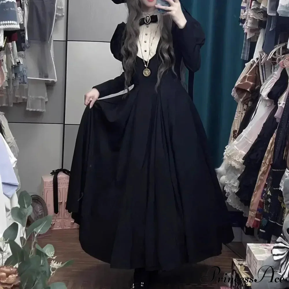 New Gothic Punk Dark Lolita Harajuku Vintage Black Long Bubble Sleeve Waist Cinched Autumn Winter