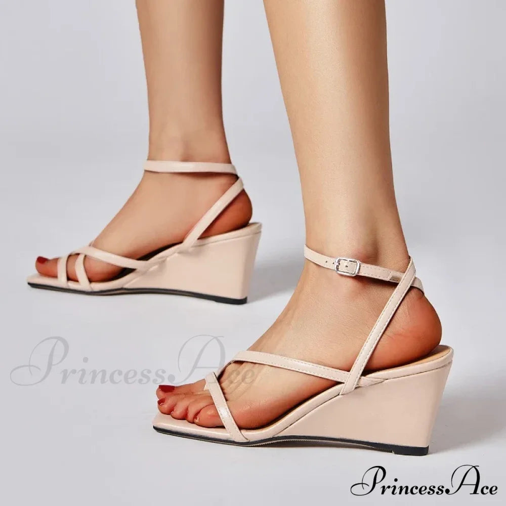 New High Quality Simple Thin Strap Stylish Open Toe Party Summer Low Heel Pump Apricot / 34