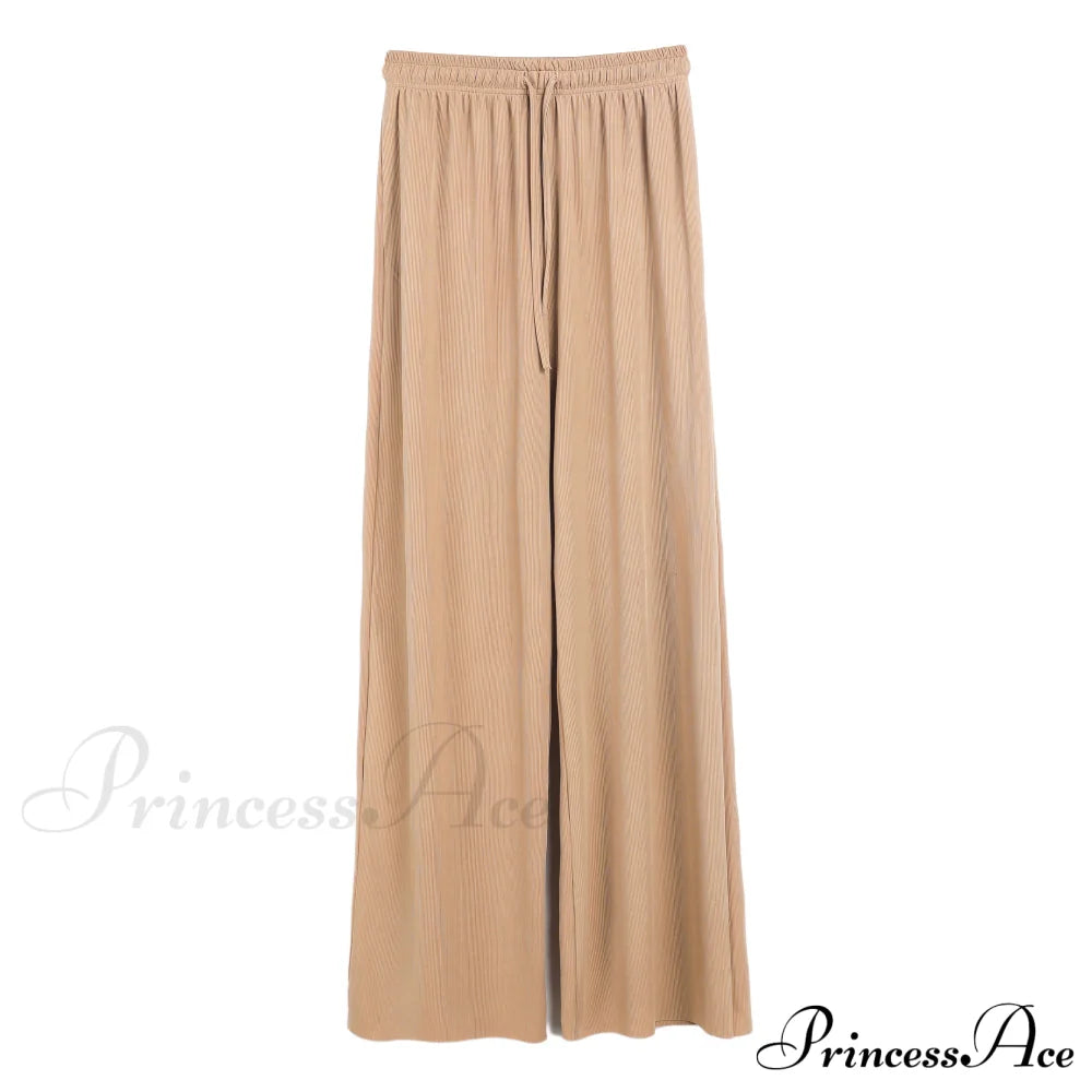 New Ladies Ice Silk Light Wide Leg Trousers Khaki / S