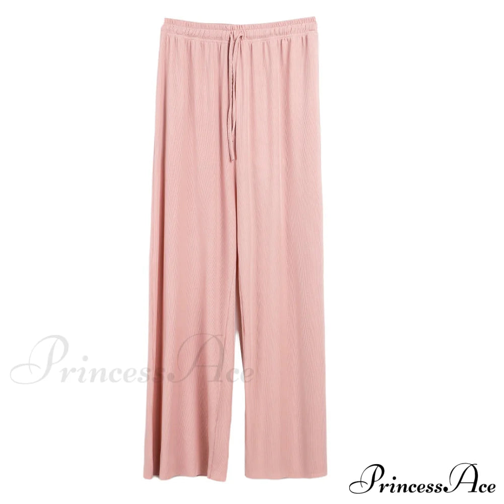 New Ladies Ice Silk Light Wide Leg Trousers Pink / S