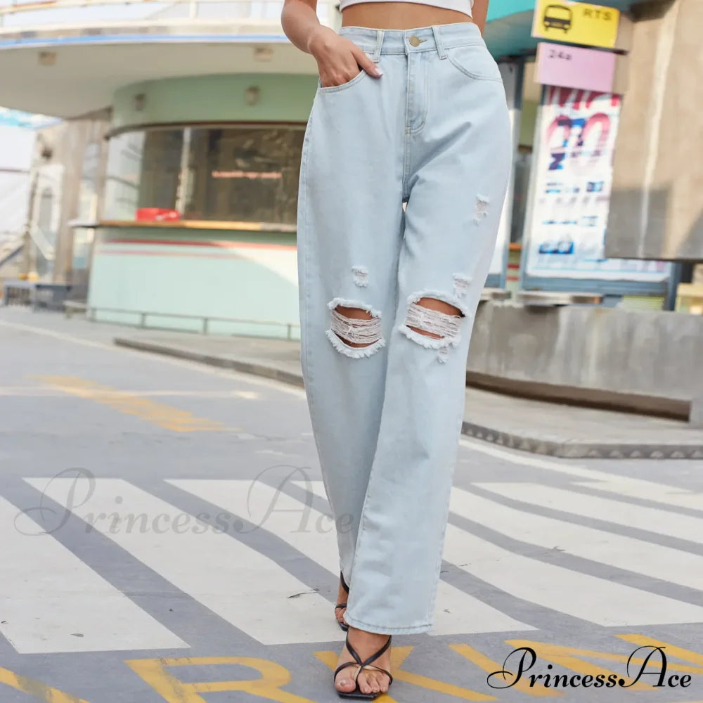 New Loose Retro Casual High Waist Ripped Wide Leg Street Fashionable Female Jean