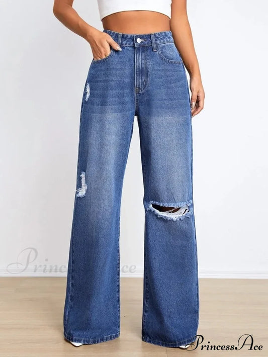 New Loose Ripped Fashion High Waist Wide Leg Casual Y2K Jean Blue / S