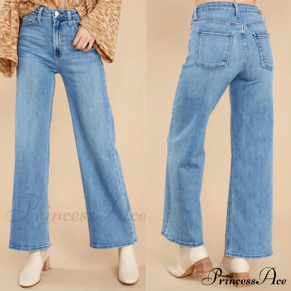 New Loose Straight Leg Casual Fashion Retro Distressed High Waist Wide Cropped Denim Jean Blue / S