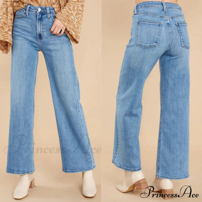 New Loose Straight Leg Casual Fashion Retro Distressed High Waist Wide Cropped Denim Jean Blue / S