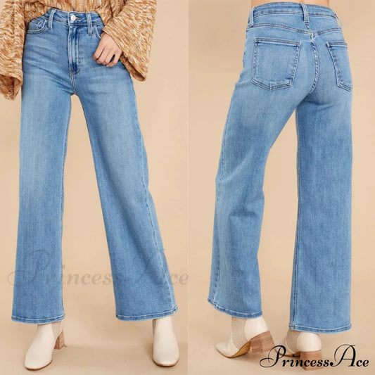 New Loose Straight Leg Casual Fashion Retro Distressed High Waist Wide Cropped Denim Jean Blue / S