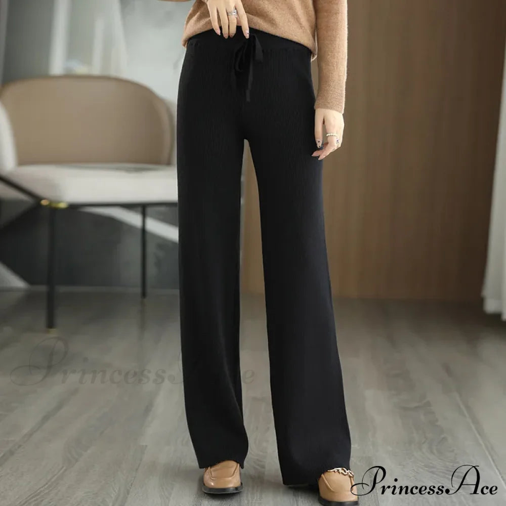 New Merino Wool Ladies High Waist Wide Leg Casual Loose Pants Black / M