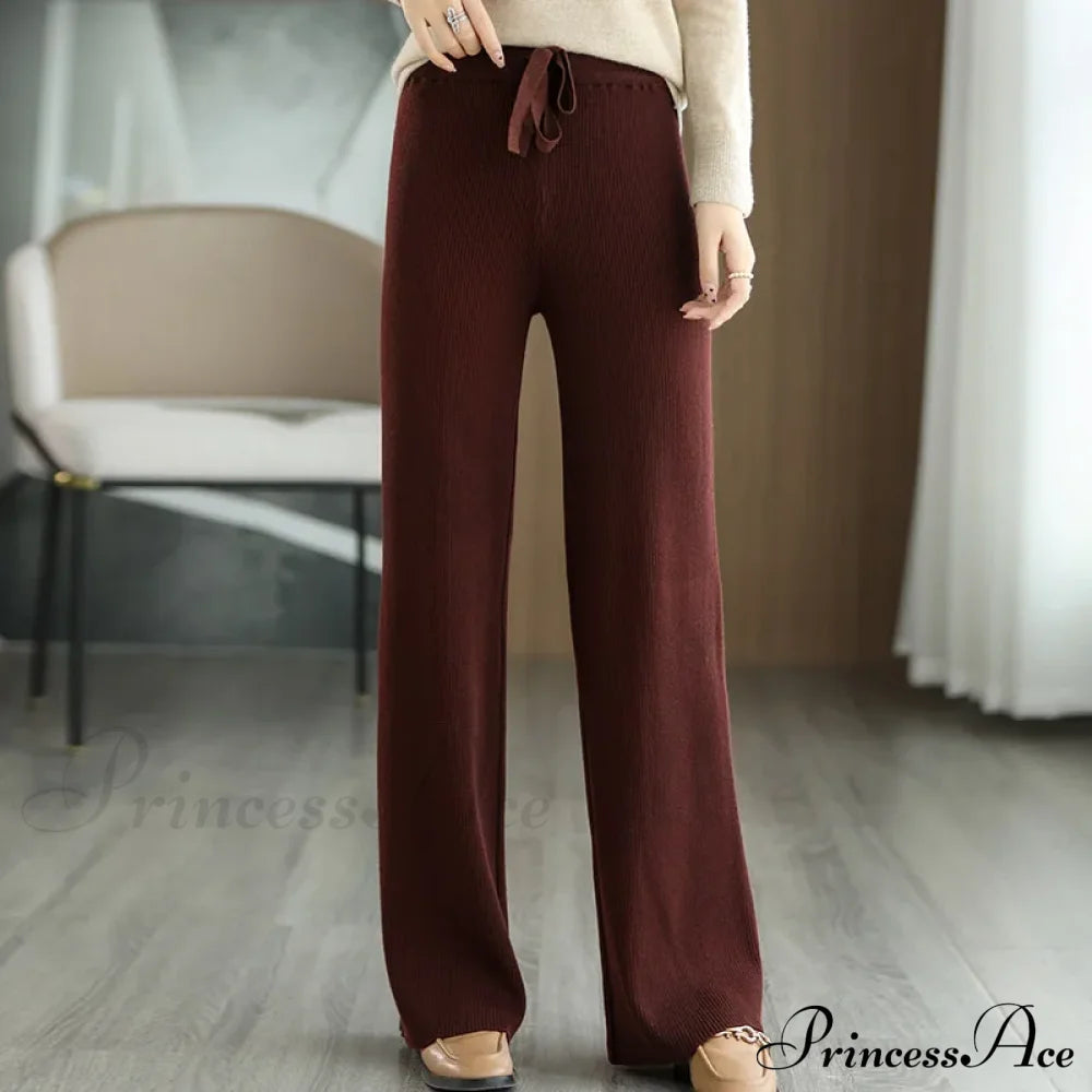 New Merino Wool Ladies High Waist Wide Leg Casual Loose Pants Caramel / M