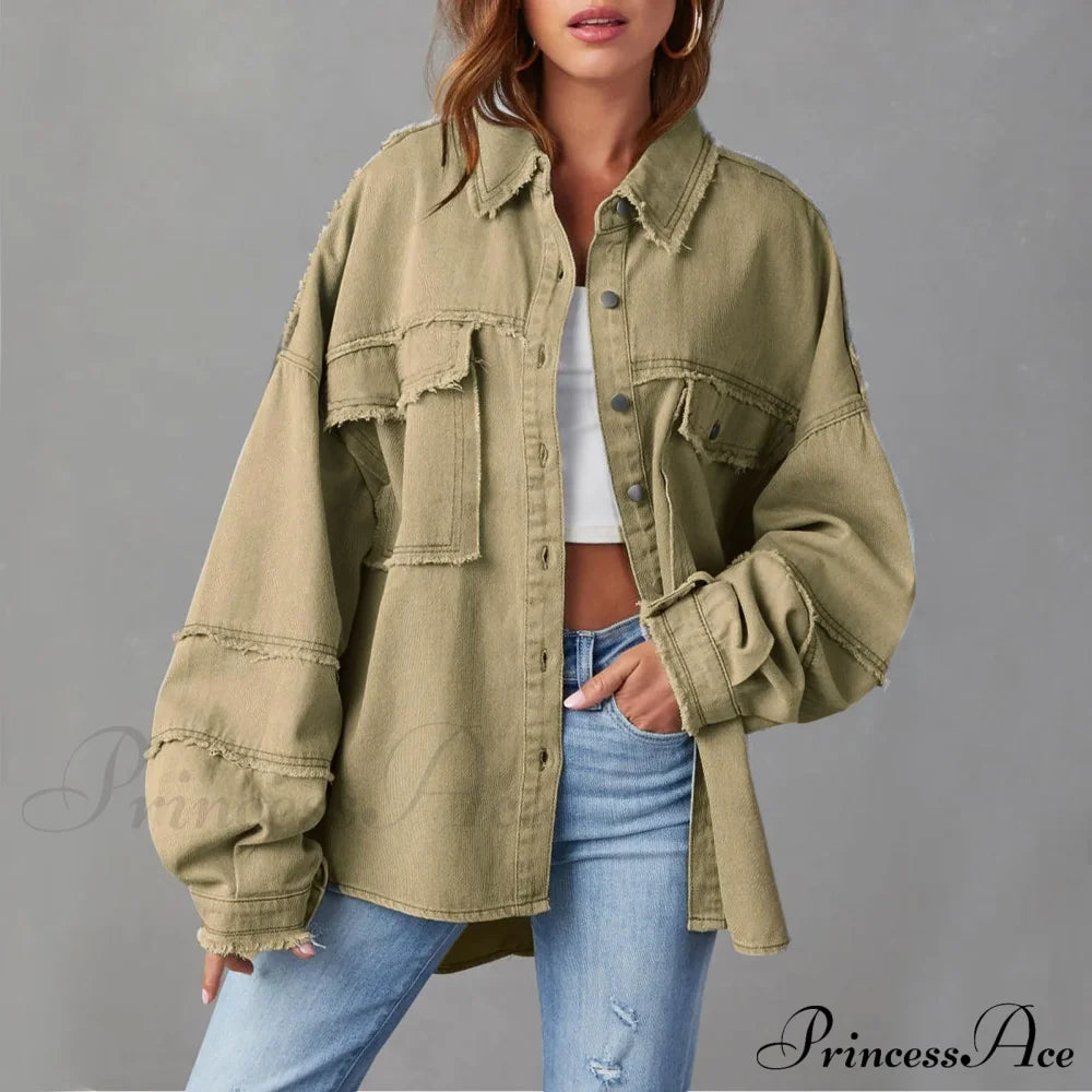 New Oversized Stylish Trendy Elegant Fashionable Versatile Classic Denim Jacket Khaki / S