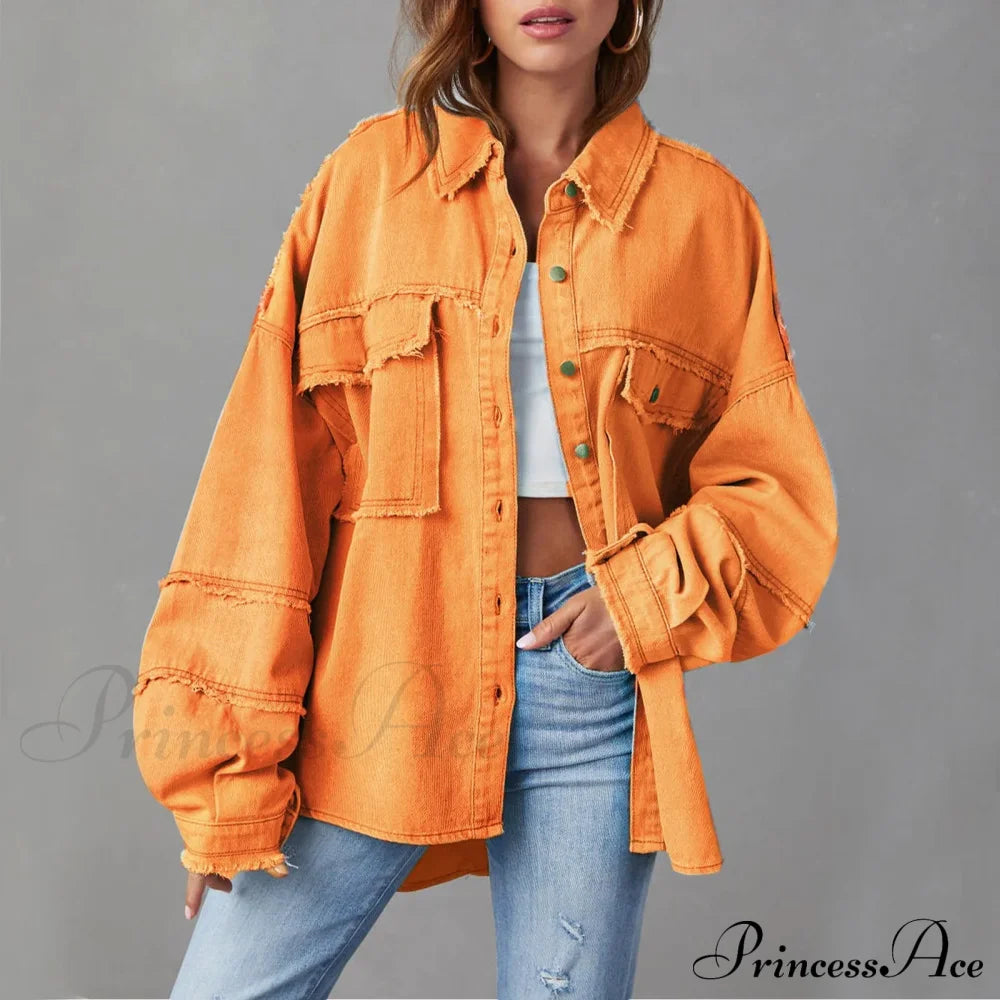 New Oversized Stylish Trendy Elegant Fashionable Versatile Classic Denim Jacket Orange / S